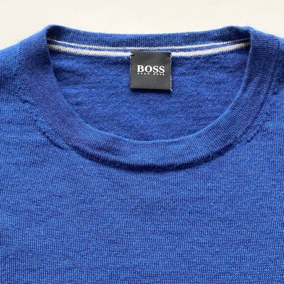 BOSS Hugo Boss 100% Wool Blue Crewneck Sweater Size S Soft Logo Preppy Classic - Picture 6 of 11